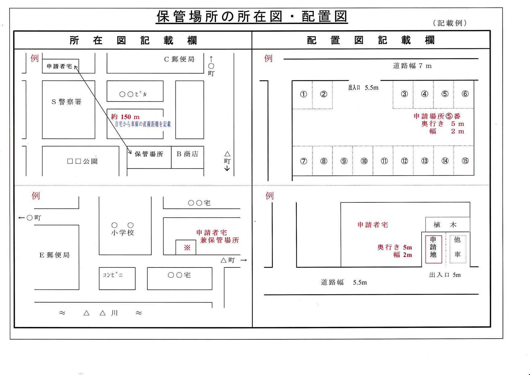 長崎の保管場所の所在図・配置図の記入例